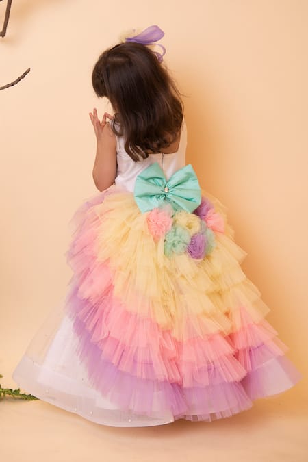 Shop_Lil Angels_White Net, Silk Sequins, Pearls Embroidered Ruffle Gown_Online_at_Aza_Fashions