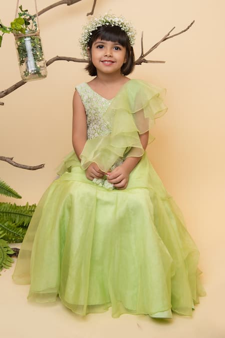 Lil Angels Green Silk, Organza Embroidery, Sequins Lehenga Set 