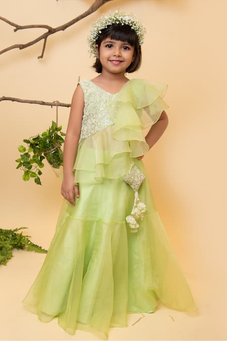 Lil Angels Green Silk, Organza Embroidery, Sequins Lehenga Set Online at Aza Fashions Lil Angels_Green Silk, Organza Embroidery, Sequins Lehenga Set _Online_at_Aza_Fashions