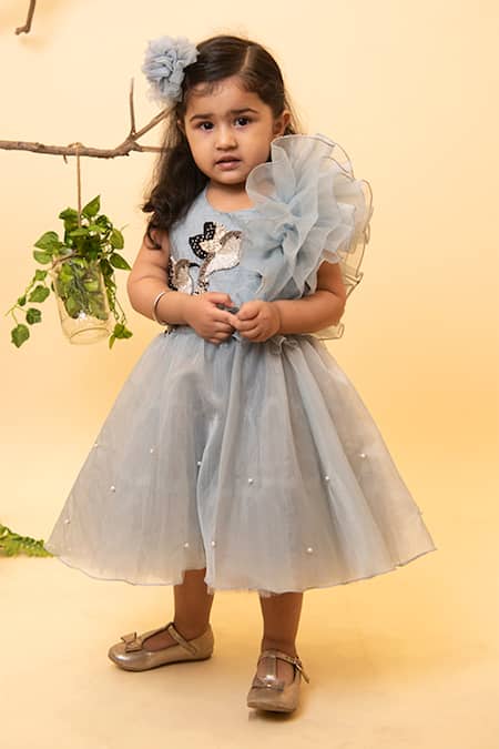 Shop Lil Angels Grey Organza, Net Ruffles, Pearls Embroidered Dress at Aza Fashions Shop_Lil Angels_Grey Organza, Net Ruffles, Pearls Embroidered Dress _at_Aza_Fashions