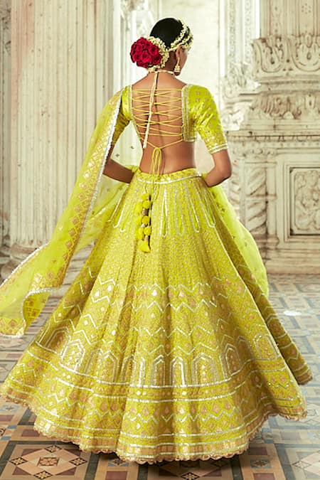 Shop_Gopi Vaid_Green Dupatta Organza, Lehenga And Blouse Tussar Shahi Embroidered Bridal Set _at_Aza_Fashions