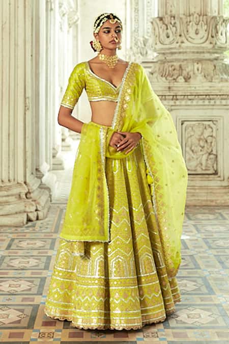 Gopi Vaid_Green Dupatta Organza, Lehenga And Blouse Tussar Shahi Embroidered Bridal Set _Online_at_Aza_Fashions