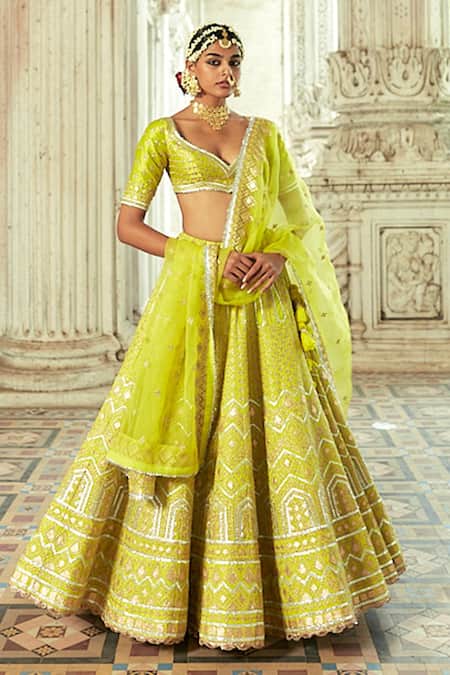 Buy_Gopi Vaid_Green Dupatta Organza, Lehenga And Blouse Tussar Shahi Embroidered Bridal Set _Online_at_Aza_Fashions