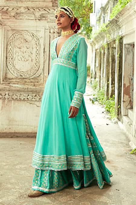 Buy Blue Tussar Silk Printed Mughal Floral Peplum Kurta Sharara Set For  Women by Momkidsfashion Online at Aza Fashions.