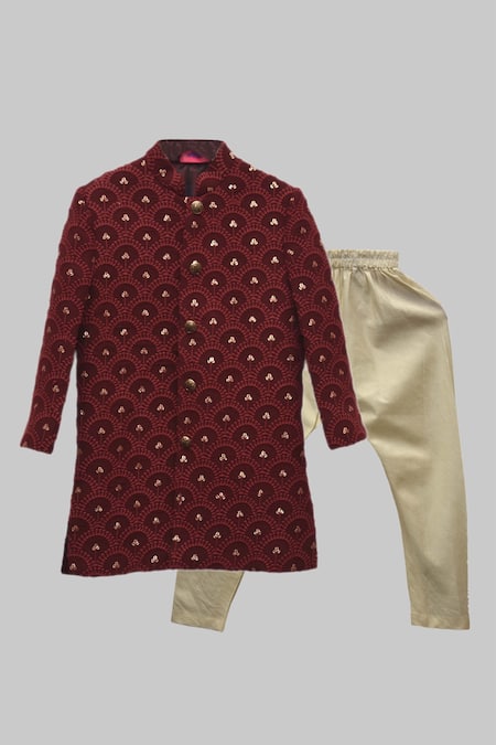 Lil Angels Maroon Georgette, , Satin Sequins Embroidered Sherwani And Pant Set 