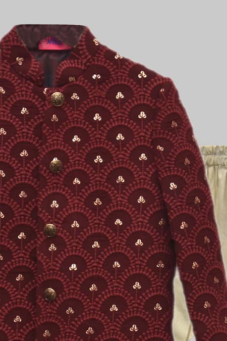 Shop Lil Angels Maroon Georgette, , Satin Sequins Embroidered Sherwani And Pant Set at Aza Fashions Shop_Lil Angels_Maroon Georgette, , Satin Sequins Embroidered Sherwani And Pant Set _at_Aza_Fashions