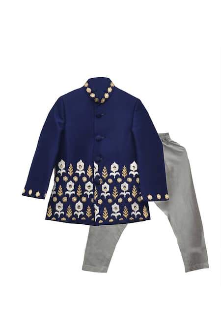 Lil Angels Blue Cotton, Silk Embroidery Bandhgala And Pant Set 