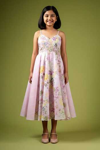 Vana Ethnics Botanical Print Pintucked Bustier Dress For Kids