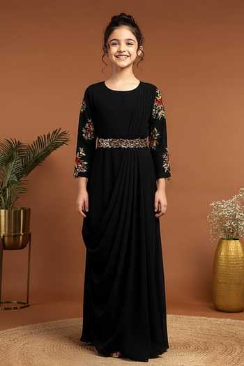 Rirasa Blossom Embroidered Draped Dress With Belt For Kids