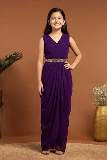 Rirasa Solid Draped Georgette Dress With Belt For Kids