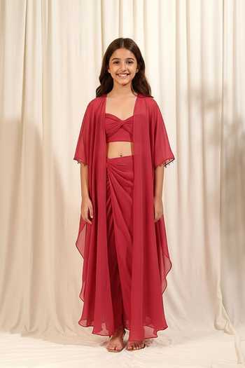 Rirasa Solid Asymmetric Cape Draped Skirt Set For Kids