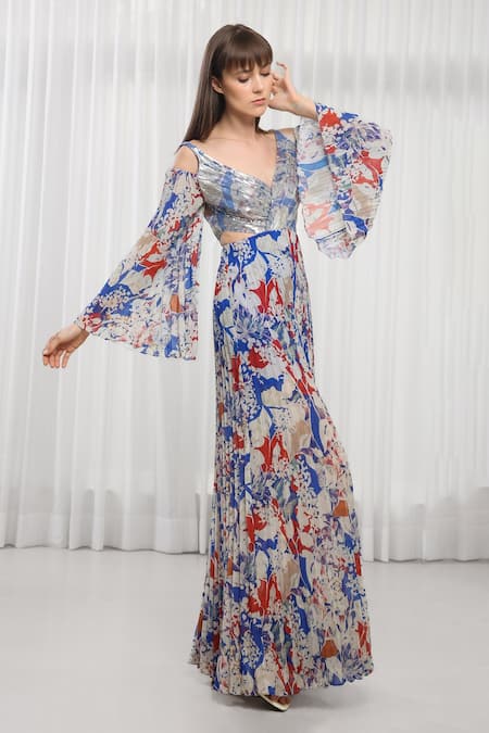 Shop_Mandira Wirk_Multi Color Polyester Sequins V-neck Floral Printed Maxi Dress _Online_at_Aza_Fashions