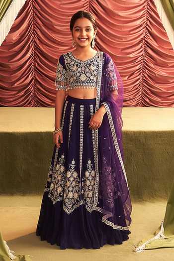 Seema Thukral Rani Floral Stripe Embroidered Lehenga Set For Kids