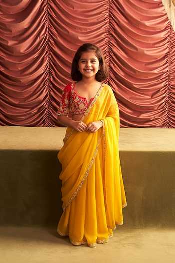 Seema Thukral Usha Bead Embellished Pre-Draped Saree With Blouse For Kids