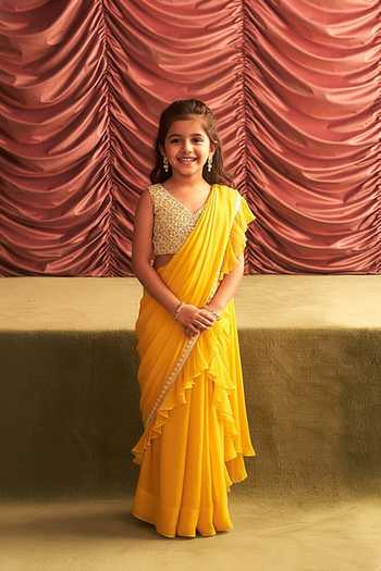 Seema Thukral Chitra Bead Embellished Border Pre-Draped Ruffle Saree With Blouse For Kids