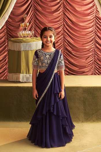 Seema Thukral Pushpa Mirror Embellished Pre-Draped Ruffle Saree With Blouse For Kids