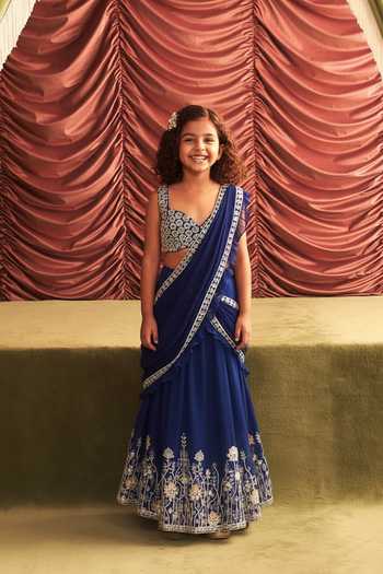 Seema Thukral Jalebi Bai Applique Embellished Pre-Draped Ruffle Lehenga Saree With Blouse For Kids