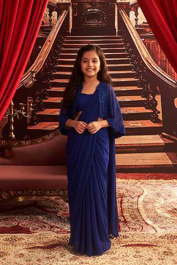 Seema Thukral Sheila Floral Embroidered Cape Pre-Draped Saree Set For Kids