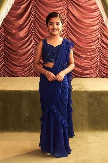 Seema Thukral Mallika Embellished Pre-Draped Ruffle Saree With Blouse For Kids
