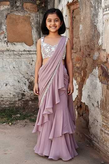 Seema Thukral Niharika Embellished Ruffle Pre-Stitched Saree With Blouse For Kids