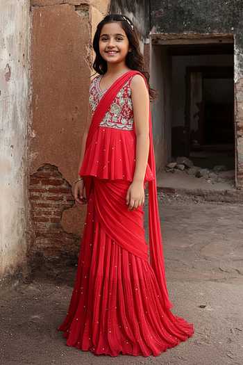 Seema Thukral Nikita Embellished Pre-Stitched Mermaid Saree With Peplum Blouse For Kids