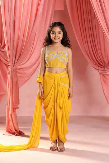 Seema Thukral Nina Buttercup Bloom Embroidered Blouse Draped Skirt For Kids