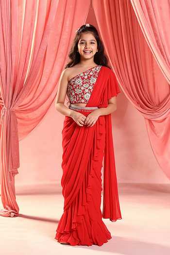 Seema Thukral Amelia Pre-Draped Ruffle Saree With Blouse For Kids