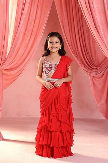 Seema Thukral Zoe Pre-Draped Saree With Embroidered Blouse For Kids