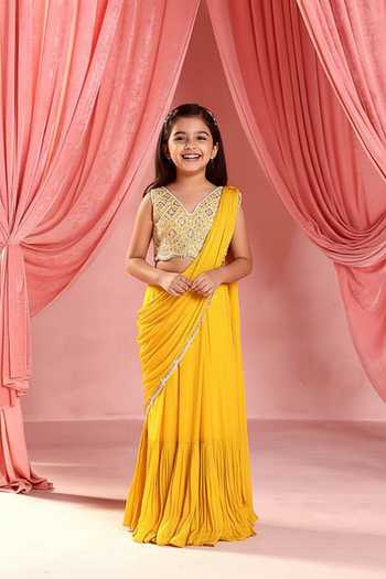 Seema Thukral Luna Mirror Embroidered Pre-Draped Saree With Blouse For Kids