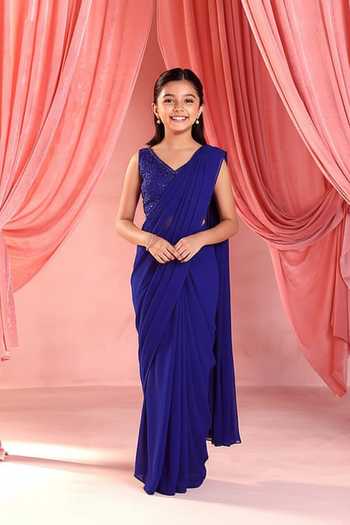 Seema Thukral Anna Pre-Draped Saree With Embroidered Blouse For Kids
