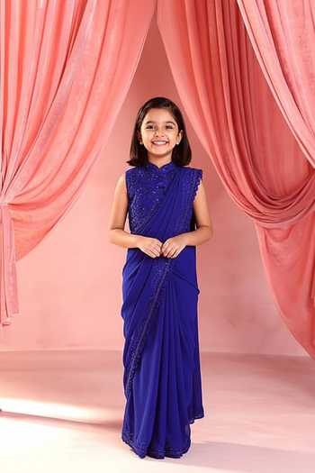 Seema Thukral Elena Pre-Draped Saree Jacket Set For Kids