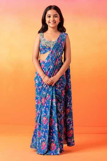 Seema Thukral Pre-Stitched Floral Print Saree With Blouse For Kids
