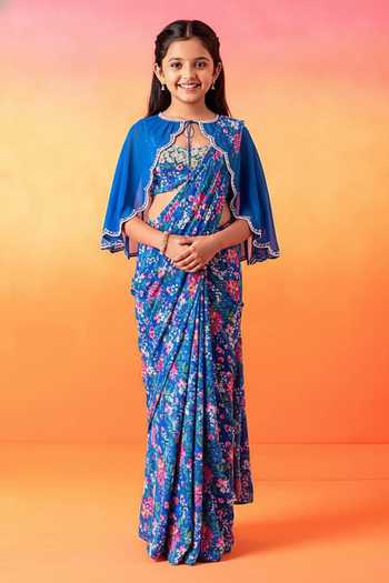Seema Thukral Floral Print Pre-Stitched Saree With Blouse For Kids