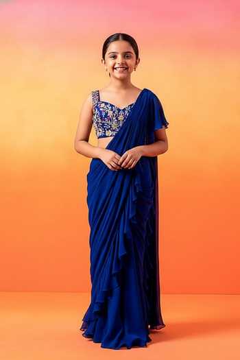 Seema Thukral Ruffle Pre-Stitched Saree With Hand Embroidered Blouse For Kids