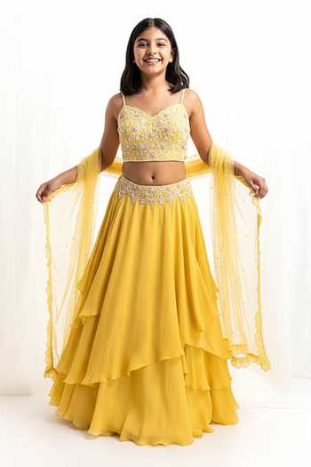 Seema Thukral Layered Yellow Lehenga Set With Blouse For Kids