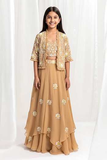 Seema Thukral Gold Hand Embroidered Lehenga & Jacket Set For Kids