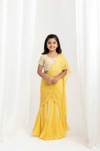 Seema Thukral Yellow Hand Embroidered Saree & Blouse Set For Kids