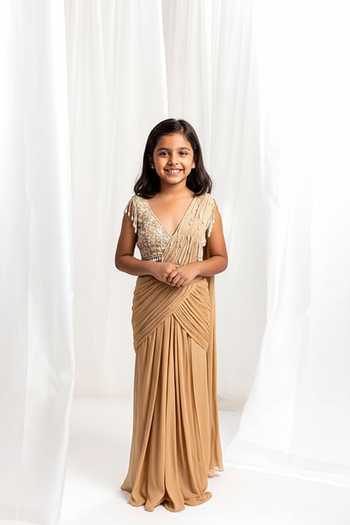 Seema Thukral Pre-Draped Saree With Pearl Embroidered Choli For Kids