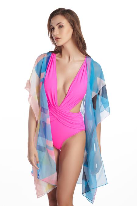 Kai Resortwear Blue Open Neck Pop Print Front Kaftan Cover Up Online at Aza Fashions Kai Resortwear_Blue Open Neck Pop Print Front Kaftan Cover Up _Online_at_Aza_Fashions