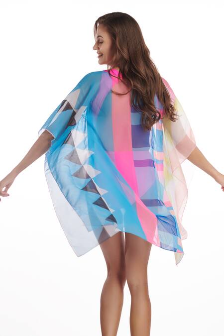 Buy Kai Resortwear Blue Open Neck Pop Print Front Kaftan Cover Up Online at Aza Fashions Buy_Kai Resortwear_Blue Open Neck Pop Print Front Kaftan Cover Up _Online_at_Aza_Fashions