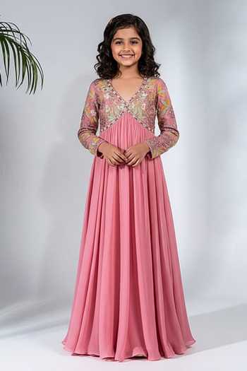 Neha Khullar Floral Applique Pink Anarkali Set For Kids