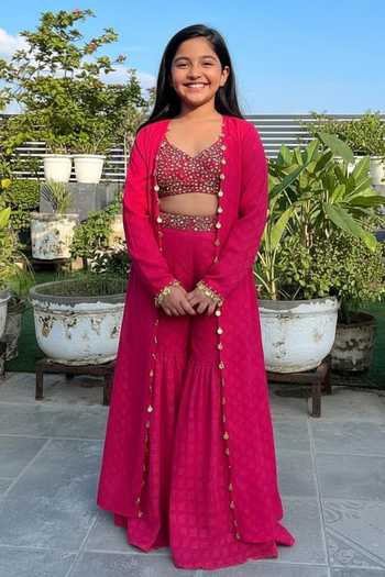 Neha Khullar Fuchsia Embroidered Chanderi Silk Sharara Set For Kids