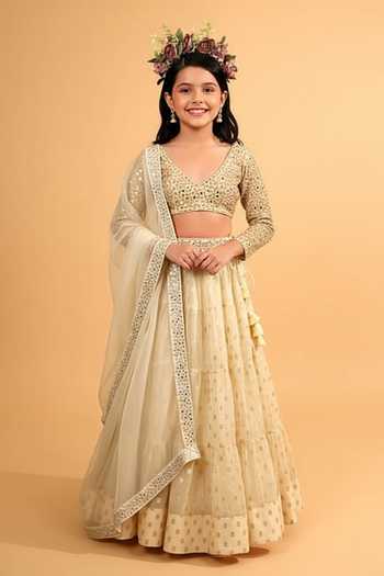 Neha Khullar Ivory Banarasi Organza Tiered Lehenga Set For Kids