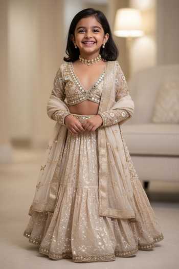 Neha Khullar Embroidered Ivory Chanderi Lehenga Set For Kids