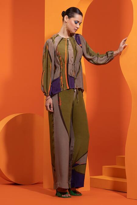 Shop_Nautanky_Purple Cotton, Crepe Tassels Round Neck Tie-up Shirt And Pant Set _Online_at_Aza_Fashions