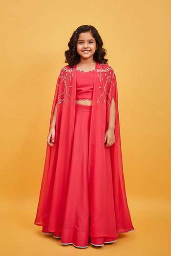 Sandhya Shah Cutdana Embroidered Cape Lehenga Set For Kids