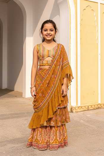 Sandhya Shah Floral Chintz Print Pre-Draped Saree Set For Kids