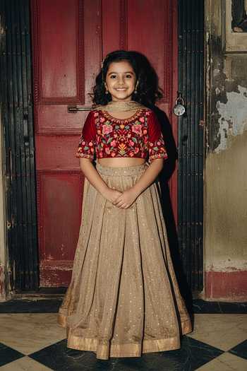 Label Earthen Antique Gold Saree With Red Floral Blouse For Kids