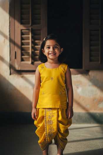 Label Earthen Zardozi Embroidered Mustard Saree Set For Kids