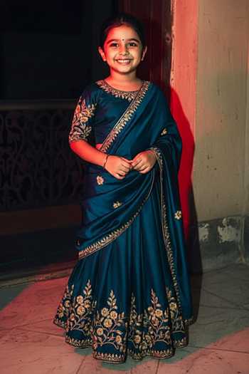 Label Earthen Indigo Floral Zardozi Embroidered Saree Set For Kids